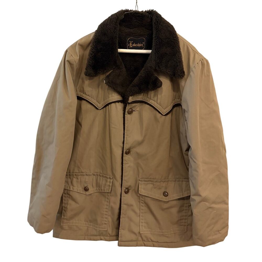 Vtg Lakeshire MenKhaki Sherpa Collar Western Barn Coat Jacket Rancher Style L/XL